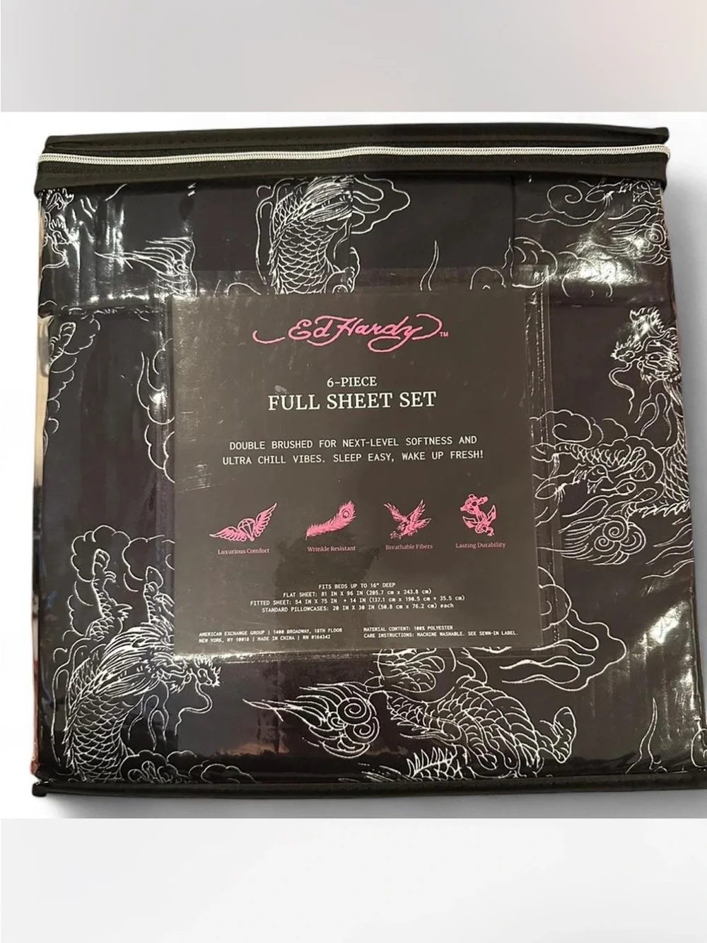 Ed Hardy White Dragon Tattoo Print Full Size 6 Piece Sheet Set New